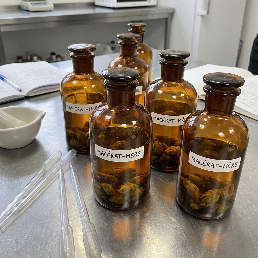 Flacons en verre ambré contenant des bourgeons en macération dans un mélange liquide translucide, posés sur une table de laboratoire propre avec des pipettes.